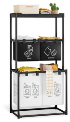 Raft/Cos Depozitare Haine Murdare Flippy pentru Baie cu 3 Etaje 4 Cosuri Cadru de Otel Inoxidabil 123 x 44 x 57 cm Negru 