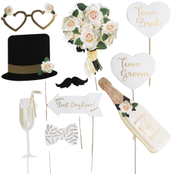 Set 10 Accesorii pentru Petrecere Flippy Props pentru Coltul de Poze Model Mire si Mireasa Tematica Nunta Multicolor 