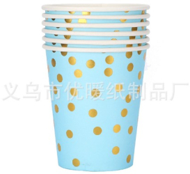Set 10 pahare de carton model buline aurii 250ml albastru 