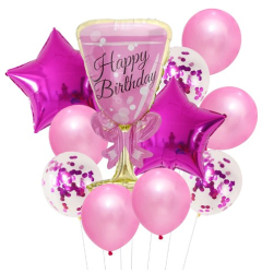Set 11 baloane Happy Birthday Balon Pahar 93 cm 2 baloane stea 45 cm 5 baloane latex 30 cm 3 baloane cu paiete 30 cm 