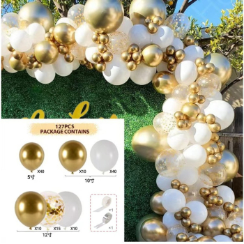Set 127 Baloane din Latex Flippy Model Petrecere pentru Arcada Baloane Party 12 cm 25 cm 30 cm Alb Gold 