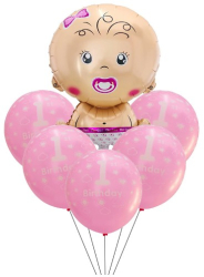 Set 4 baloane latex 1 Birthday 1 balon folie baby girl 71 cm 