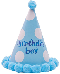 Set 6 Coifuri Birthday Boy Flippy pentru Petrecere Tematica Aniversare Model cu Buline Albastru 