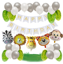 Set baloane aniversare 32 de piese 1 banner Happy birthday 5 baloane folie su animale 8 baloane frunza 18 baloane latex 