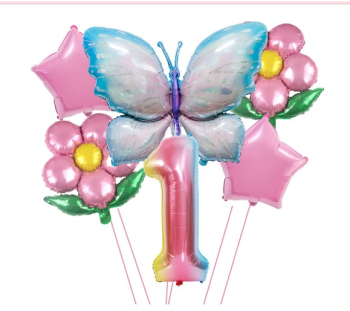 Set baloane aniversare cu numere 6 piese 2 flori 2 stelute 1 fluture Roz Cifra 1 