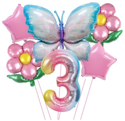 Set baloane aniversare cu numere 6 piese 2 flori 2 stelute 1 fluture Roz Cifra 3 