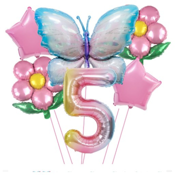 Set baloane aniversare cu numere 6 piese 2 flori 2 stelute 1 fluture Roz Cifra 5 