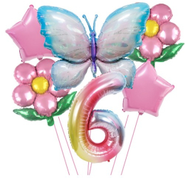 Set baloane aniversare cu numere 6 piese 2 flori 2 stelute 1 fluture Roz Cifra 6 