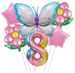 Set baloane aniversare cu numere 6 piese 2 flori 2 stelute 1 fluture Roz Cifra 8 