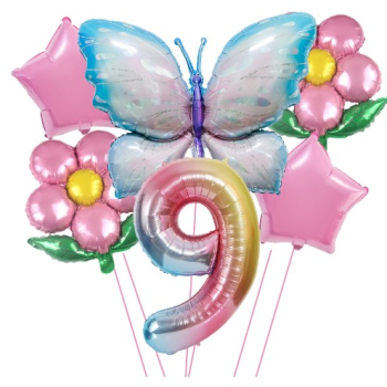 Set baloane aniversare cu numere 6 piese 2 flori 2 stelute 1 fluture Roz Cifra 9 