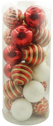 Set de 24 ornamente de brad Flippy de tip Glob Alb/ Rosu cu ø de 7 cm din plastic cu finisaj sclipitor cutie 16 cm lungime 