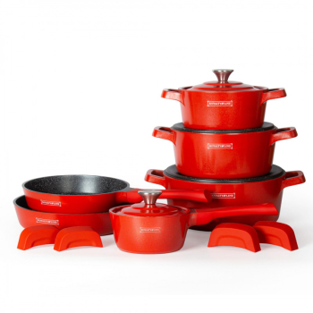 Set de vase de gatit Premium RL-OS1014 Royalty Line 14 ore turnat finisaj marmura Greblon inductie rosu 