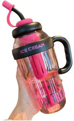 Sticla de Apa Flippy Termica Mentinere 6 Ore 1400 mL cu Pai si Capac PP si Silicon cu Maner Negru 25.5x7.5 cm Roz 
