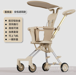 Stroller lightweight foldable two-way baby infant 1 to 3 years old children high landscape stroller - color champagne + cushion + sunshade 