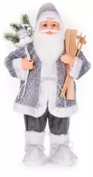 Decoratiune Craciun Mos Craciun cu schiuri si cadouri gri si puf alb 60 cm 