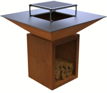 Gratar cu plita 10 mm si vatra de gatit Krodesign KRO-1292 dimensiune 1050 H 975x975 mm Otel Corten Spatiu depozitare lemne 