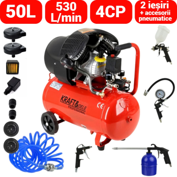 Compresor aer comprimat 50L 4CP 530L min 8bar + kit scule pneumatice KD1484+ 
