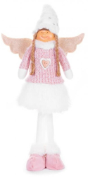Decoratiune iarna inger cu codite si aripi alb si roz 29x13x59 cm
