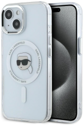 Husa pentru iPhone 15 - Karl Lagerfeld IML MagSafe KLHMP15SHLSKIH - White Metal Karls Head 