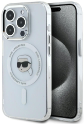 Husa pentru iPhone 15 Pro Max - Karl Lagerfeld IML MagSafe KLHMP15XHLSKIH - White Metal Karls Head 