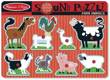 Puzzle de lemn cu sunete animale de la ferma melissa and doug 