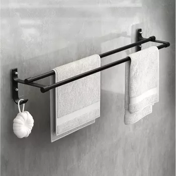Suport din aluminiu pentru 2 prosoape + 2 cuiere lungime 60 cm culoare Neagra 