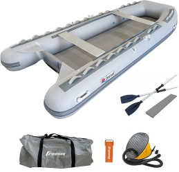 Barca gonflabila / pneumatica 370cm Freesun cu podina Air Deck chila &ldquo V&rdquo oglinda motor capacitate 6 persoane PVC 0 9mm gri 