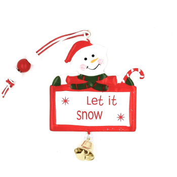 Decoratiune alb cu rosu din metal om de zapada cu clopotel - Let it snow 