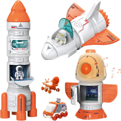 Nava spatiala cu proiector planete 3 figurine astronaut efecte sonore si abur 31 moduri constructie 9 carti educative