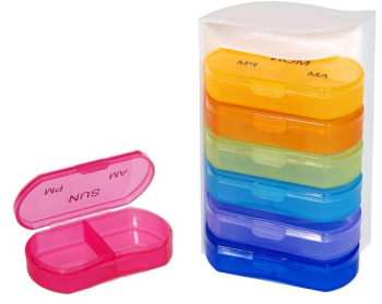 Organizator de medicamente pe zile format din 7 cutiute din plastic compartimentate AM si PM 7x10 cm Multicolor 
