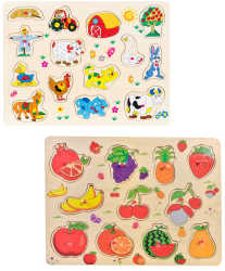 Set 2 Puzzle din lemn fructe animale si unelte din ferma multicolor 25 piese 