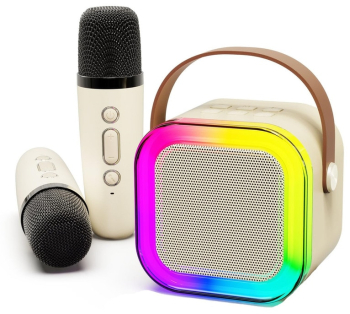Set Boxa Bluetooth Karaoke Cu 2 Microfoane Wireless MRG MK12 Bluetooth 5.3 Lumini RGB 4 Efecte Vocale Sunet Stereo 3D 5W Alb