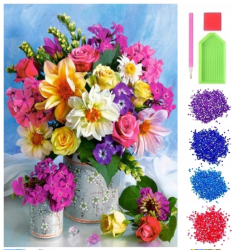 Set de broderie cu diamante 5D model Flori 30x40 cm accesorii incluse multicolor 
