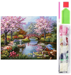 Set de broderie cu diamante 5D model Gradina Japoneza 30x40 cm accesorii incluse multicolor 