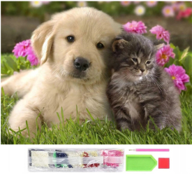 Set de broderie cu diamante 5D model Pisica si caine 30x40 cm accesorii incluse multicolor 
