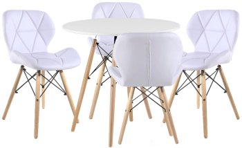 Set Masa Rotunda Fixa Linda 90 Cm Si 4 Scaune Bucatarie/Dining Kross Albe Piele Ecologica 