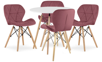 Set Masa Rotunda Fixa Linda 90 Cm Si 4 Scaune Bucatarie/Dining Kross Catifea Roz Inchis 