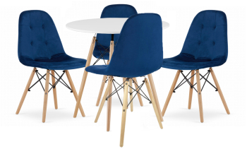 Set Masa Rotunda Fixa Linda 90 Cm Si 4 Scaune Bucatarie/Dining Maze Catifea Albastru 