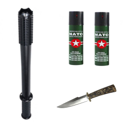 Kit Autoaparare Klausstech Baston Cu Electrosoc Cutit De Vanatoare Tip Baioneta Si 2 Spray-uri Nato 