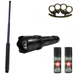 Kit KL138S Autoaparare 2in1 Electrosoc+lanterna Baston Telescopic Klausstech 50 Cm +2 Spray Nato Paralizant + Box Metalic Bronz Model 