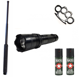 Kit KL139S Autoaparare 2in1 Electrosoc+lanterna Baston Telescopic Police 50 Cm +2 Spray Nato Paralizant + Box Metalic Negru 