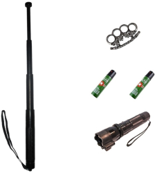 Kit Pentru Autoaparare Lanterna Cu Electrosoc Si Laser Baston Telescopic Klausstech Din Otel Box Metalic + Spray Iritant Lacrimogen Tlk0 