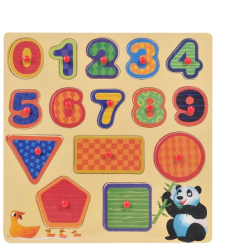 Puzzle educativ din lemn cu numere si forme pentru copii 15 piese multicolor 30.5x30.5 cm 