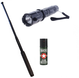 Set Autoaparare Baston Telescopic Electrosoc Cu Lanterna Klausstech Si Spray Cu Piper Nato 