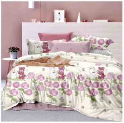 Set lenjerie de pat o persoana alb cu floricele si ursuleti 4 buc 155x205 cm 