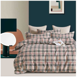 Set lenjerie de pat o persoana cu model bej in carouri 4 buc 155x205 cm 