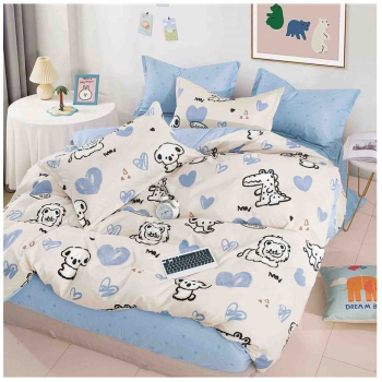 Set lenjerie de pat o persoana reversibila alb cu animalute si albastru 4 buc 155x205 cm 