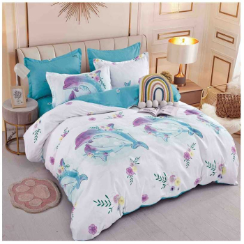 Set lenjerie de pat o persoana reversibila alb cu delfini si albastru 4 buc 155x205 cm 