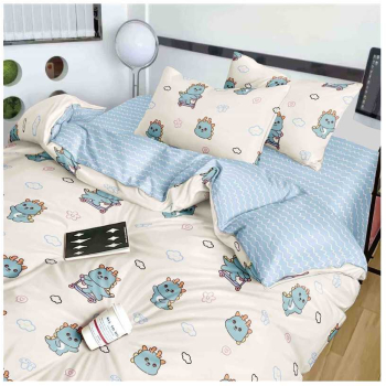 Set lenjerie de pat o persoana reversibila alb cu dinozauri si albastru 4 buc 155x205 cm 
