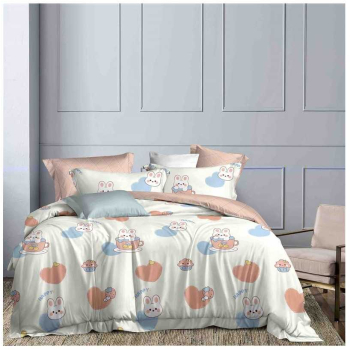 Set lenjerie de pat o persoana reversibila alb cu iepurasi si roz 4 buc 155x205 cm 